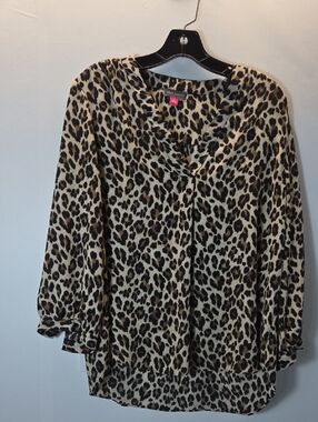 Vince Camuto Leopard Print V-Neck Blouse - Beige & Black Size L